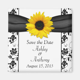 Sunflower Black White Damask Wedding Save the Date Magneet