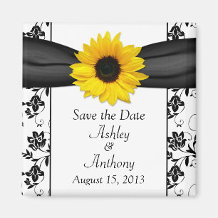 Sunflower Black White Damask Wedding Save the Date Magneet