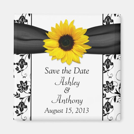 Sunflower Black White Damask Wedding Save the Date Magneet (Voorkant)