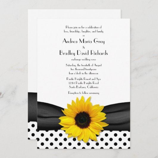 Sunflower Black White Polka Dot Ribbon Weddenschap Kaart (Voorkant / Achterkant)