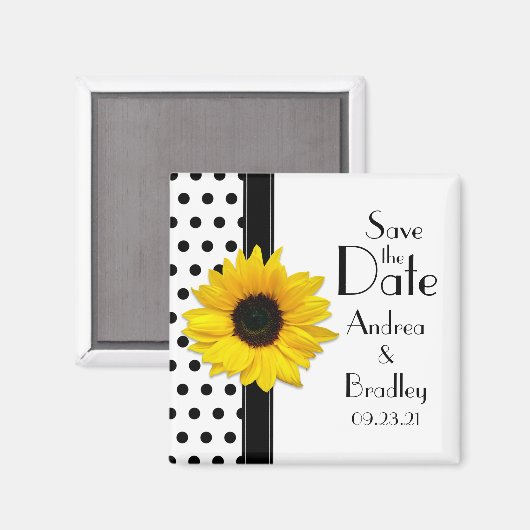 Sunflower Black White Polka Dot Save the Date Magneet (Voorkant / Achterkant)