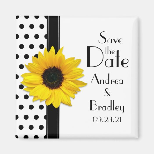 Sunflower Black White Polka Dot Save the Date Magneet (Voorkant)