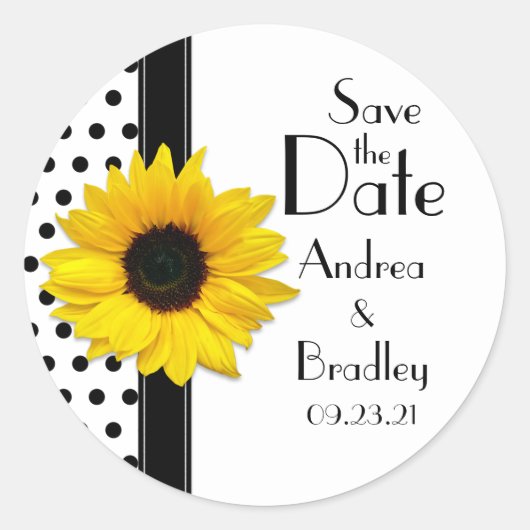 Sunflower Black White Polka Dot Save the Date Ronde Sticker (Voorkant)
