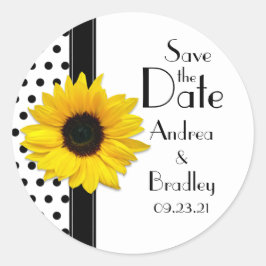 Sunflower Black White Polka Dot Save the Date Ronde Sticker