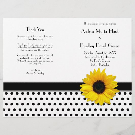 Sunflower Black White Polka Dot Wedding Program (Voorkant)