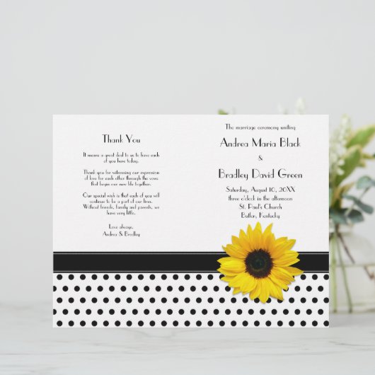 Sunflower Black White Polka Dot Wedding Program (Staand voorkant)