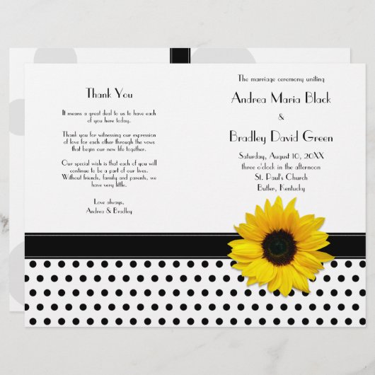 Sunflower Black White Polka Dot Wedding Program (Voorkant / Achterkant)