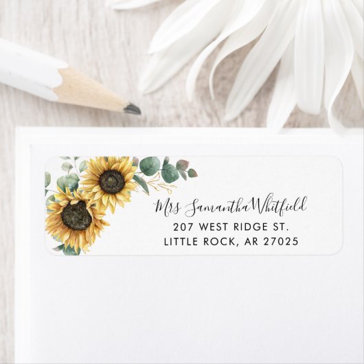 Sunflower Bloemen Modern Script Retouradres Etiket (Insitu)