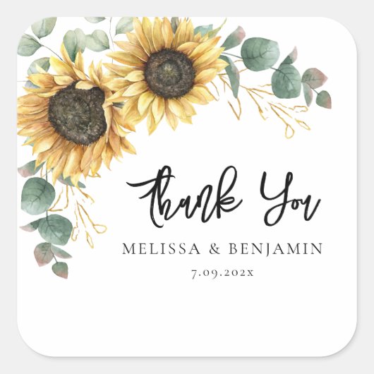 Sunflower Bloom Script Bruiloft Dank u Vierkante Sticker (Voorkant)