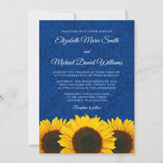 Sunflower Blue Damask Wedding Kaart (Voorkant)