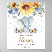 Sunflower Blue Floral Elephant Baby shower Welkom Poster (Voorkant)