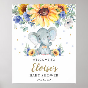 Sunflower Blue Floral Elephant Baby shower Welkom Poster