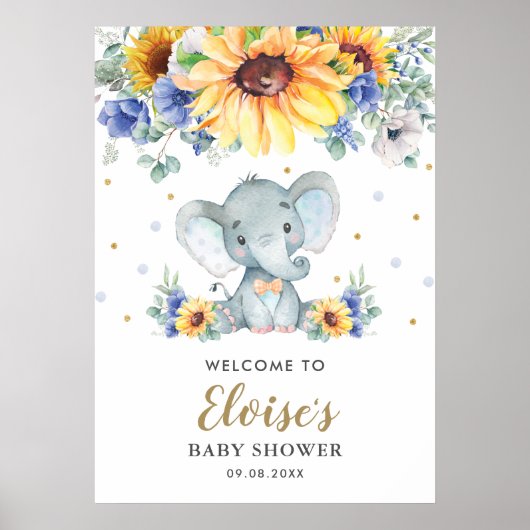 Sunflower Blue Floral Elephant Baby shower Welkom Poster (Voorkant)