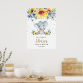 Sunflower Blue Floral Elephant Baby shower Welkom Poster (Keuken)