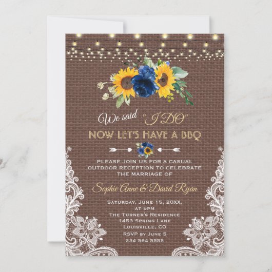 Sunflower Blue Floral Lace Burlap Wedding I DO BBQ Kaart (Voorkant)