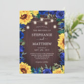 Sunflower Blue Floral Mason Jar Wedding Kaart (Staand voorkant)