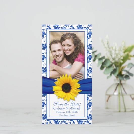 Sunflower Blue Floral Ribbon Wedding Save Date Save The Date (Staand voorkant)