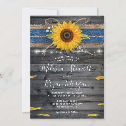Sunflower Blue Lace Rustic Wood Wedding Kaart (Voorkant)