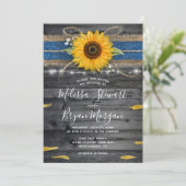 Sunflower Blue Lace Rustic Wood Wedding Kaart (Staand voorkant)