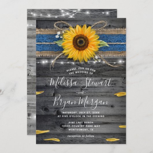 Sunflower Blue Lace Rustic Wood Wedding Kaart (Voorkant / Achterkant)