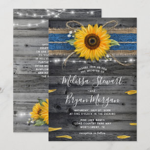 Sunflower Blue Lace Rustic Wood Wedding Kaart