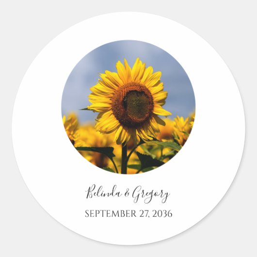 Sunflower Blue Sky Rustic Wedding Ronde Sticker (Voorkant)