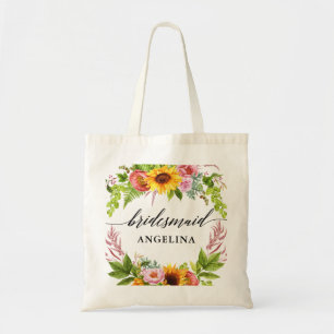 Sunflower Boho Floral Calligrafie Bridesmaid Tote Bag