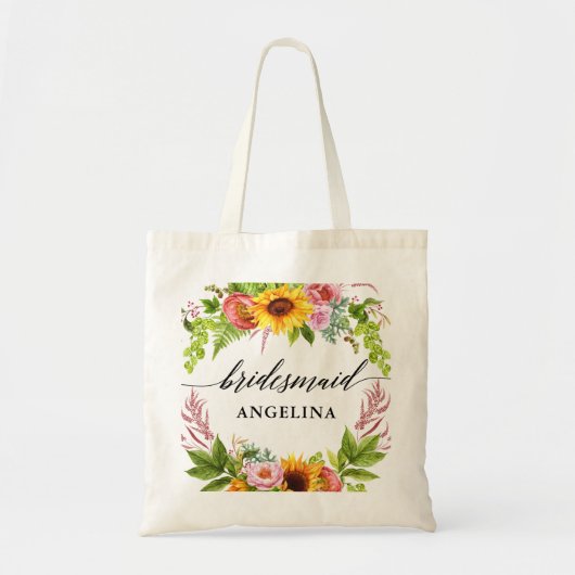 Sunflower Boho Floral Calligrafie Bridesmaid Tote Bag (Voorkant)
