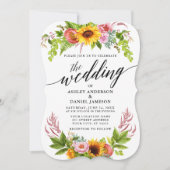 Sunflower Boho Floral Calligraphy Wedding Kaart (Voorkant)