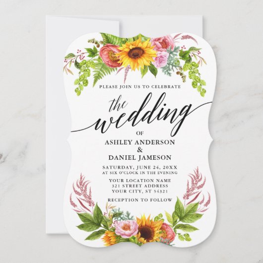 Sunflower Boho Floral Calligraphy Wedding Kaart (Voorkant)