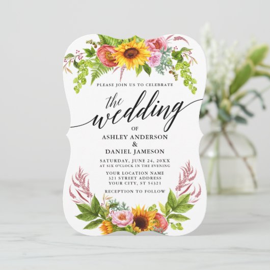 Sunflower Boho Floral Calligraphy Wedding Kaart (Staand voorkant)