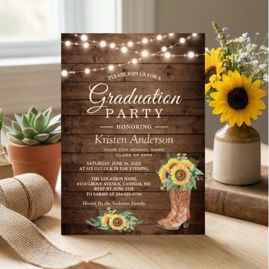 Sunflower Boots String Lights Graduation Party Kaart