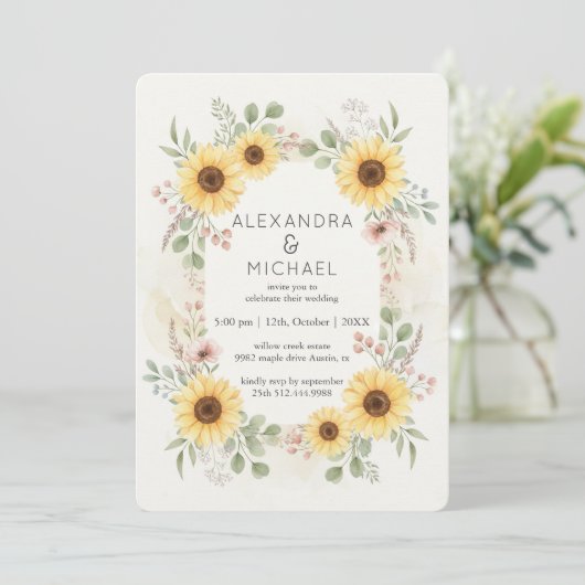 Sunflower Botanical Rustic Wedding Invitation Kaart (Staand voorkant)