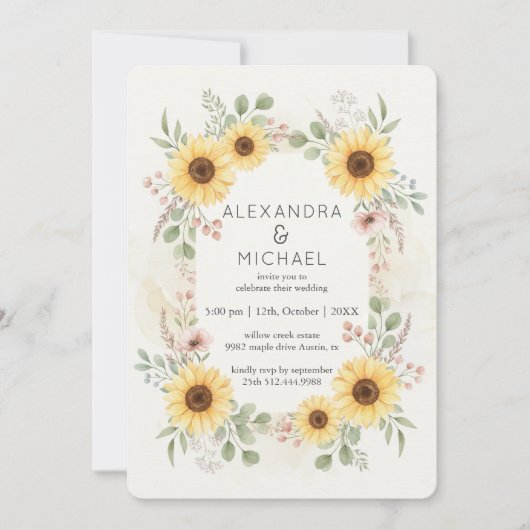 Sunflower Botanical Rustic Wedding Invitation Kaart (Voorkant)