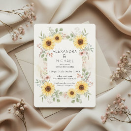 Sunflower Botanical Rustic Wedding Invitation Kaart