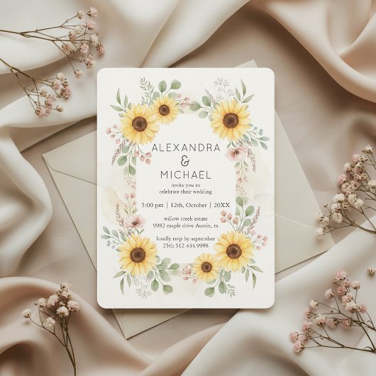 Sunflower Botanical Rustic Wedding Invitation Kaart