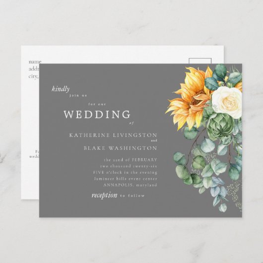 Sunflower Bouquet Grey Budget Weddenschap Uitnodiging Briefkaart (Voorkant / Achterkant)