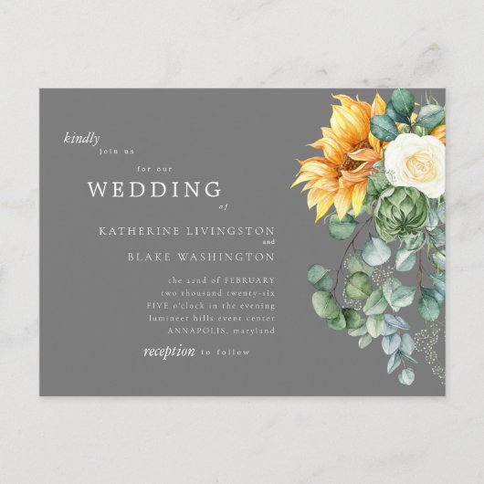 Sunflower Bouquet Grey Budget Weddenschap Uitnodiging Briefkaart (Voorkant)