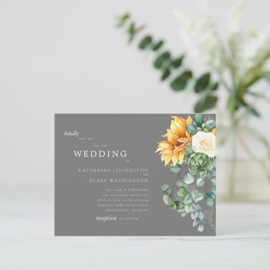 Sunflower Bouquet Grey Budget Weddenschap Uitnodiging Briefkaart (Staand voorkant)