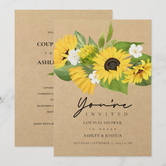 Sunflower Bouquet Kraft Paper Couples Shower Kaart (Voorkant / Achterkant)