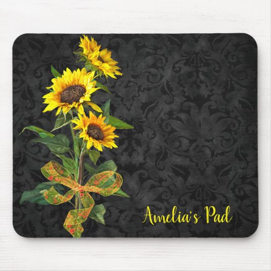 Sunflower Bouquet op Black Damask Muismat (Voorkant)