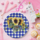 Sunflower Bouquet op Blue Gingham Papieren Bordje (Feest)