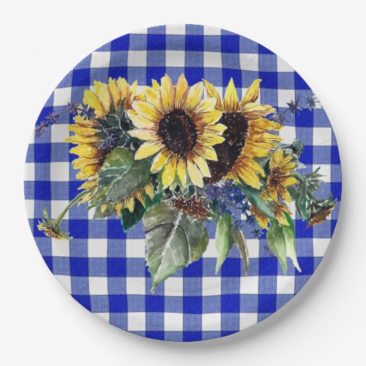 Sunflower Bouquet op Blue Gingham Papieren Bordje (Voorkant)