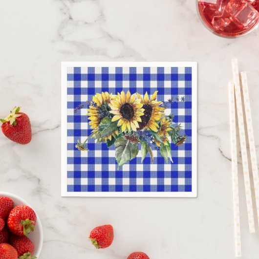 Sunflower Bouquet op Blue Gingham Servetten (Insitu)