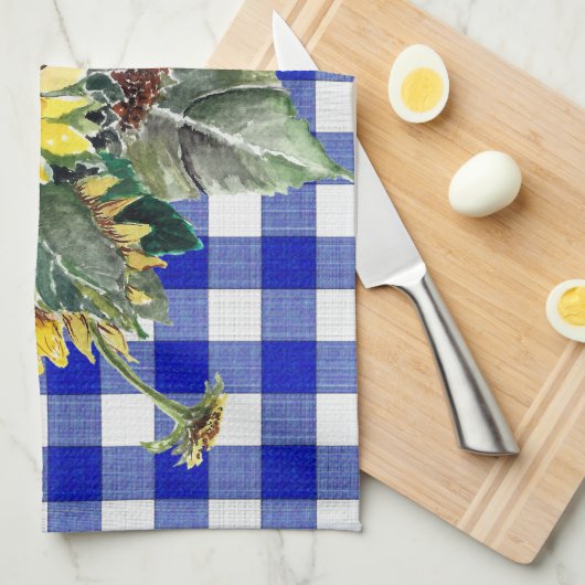 Sunflower Bouquet op Blue Gingham Theedoek (Quarter Fold)