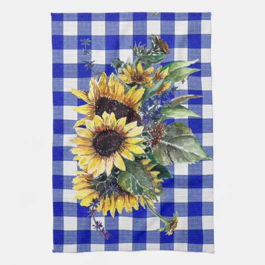 Sunflower Bouquet op Blue Gingham Theedoek (Verticaal)