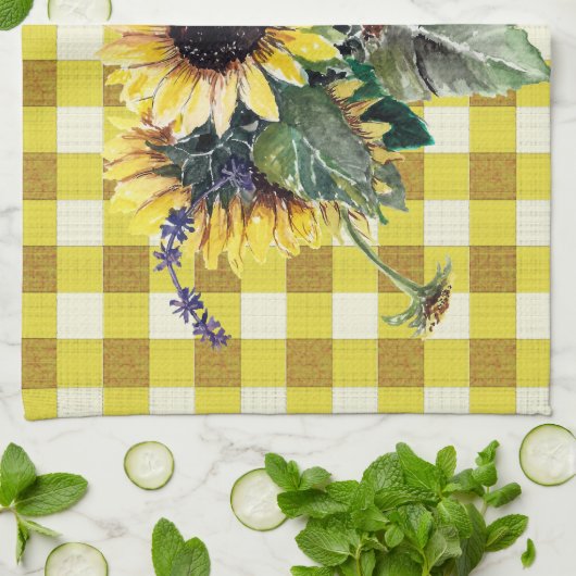 Sunflower Bouquet op Gele Gingham Theedoek (Gevouwen)
