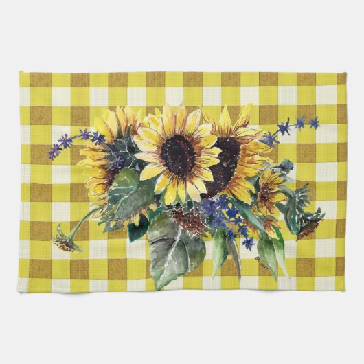 Sunflower Bouquet op Gele Gingham Theedoek (Horizontaal)