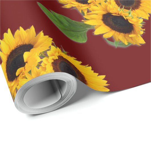 Sunflower Bouquet Pattern Burgundy Gift Wrap Roll Cadeaupapier (Rol Hoek)