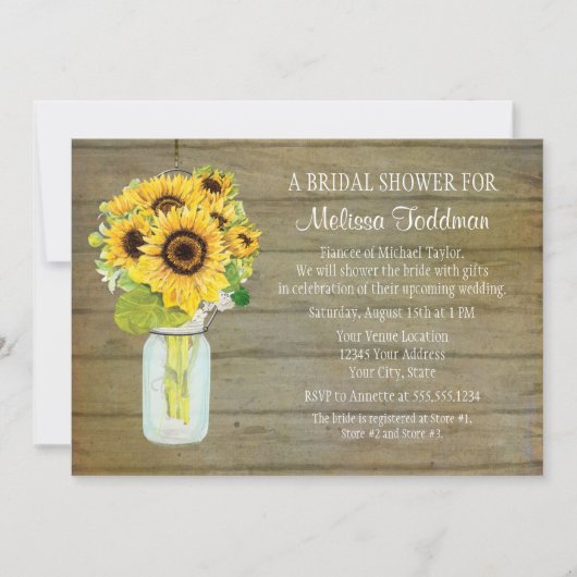 Sunflower Bouquet Rustic Country Mason Jar Bridal Kaart (Voorkant)
